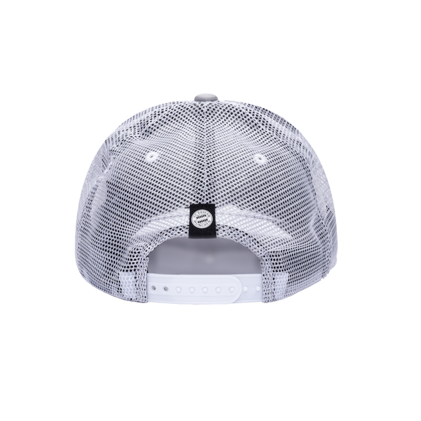 Back view of the Bayern Munich Fog Trucker Hat in Grey/White, with high crown, curved peak, mesh back and snapback closure.