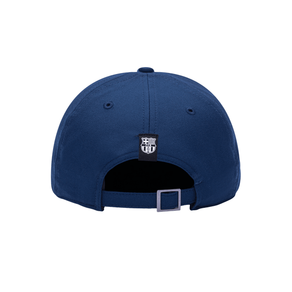 Back view of the FC Barcelona Hit Adjustable hat with mid constructured crown, curved peak brim, and slider buckle closure, in Navy.