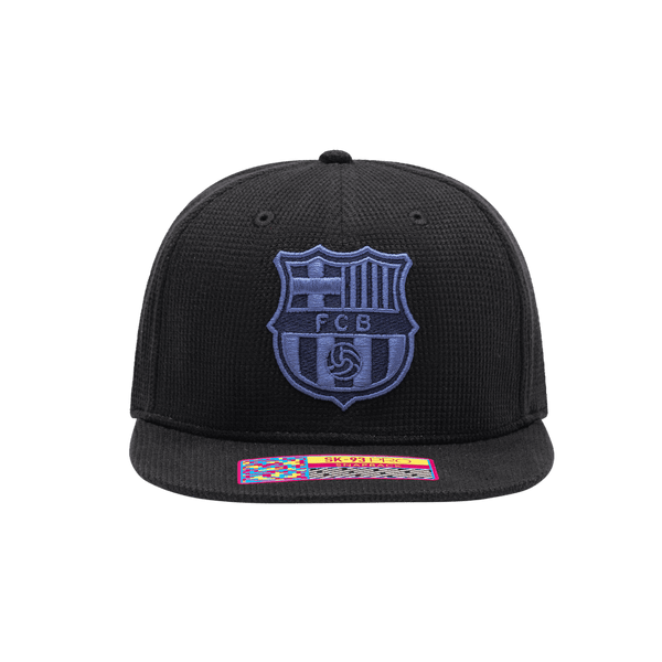 FC Barcelona Club Ink Snapback with high crown, flat peak brim, and snapback closure, in Black
