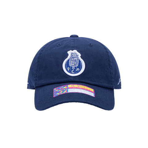Front view of the FC Porto Bambo Classic hat with low unstructured crown, curved peak brim, and buckle closure, in blue.