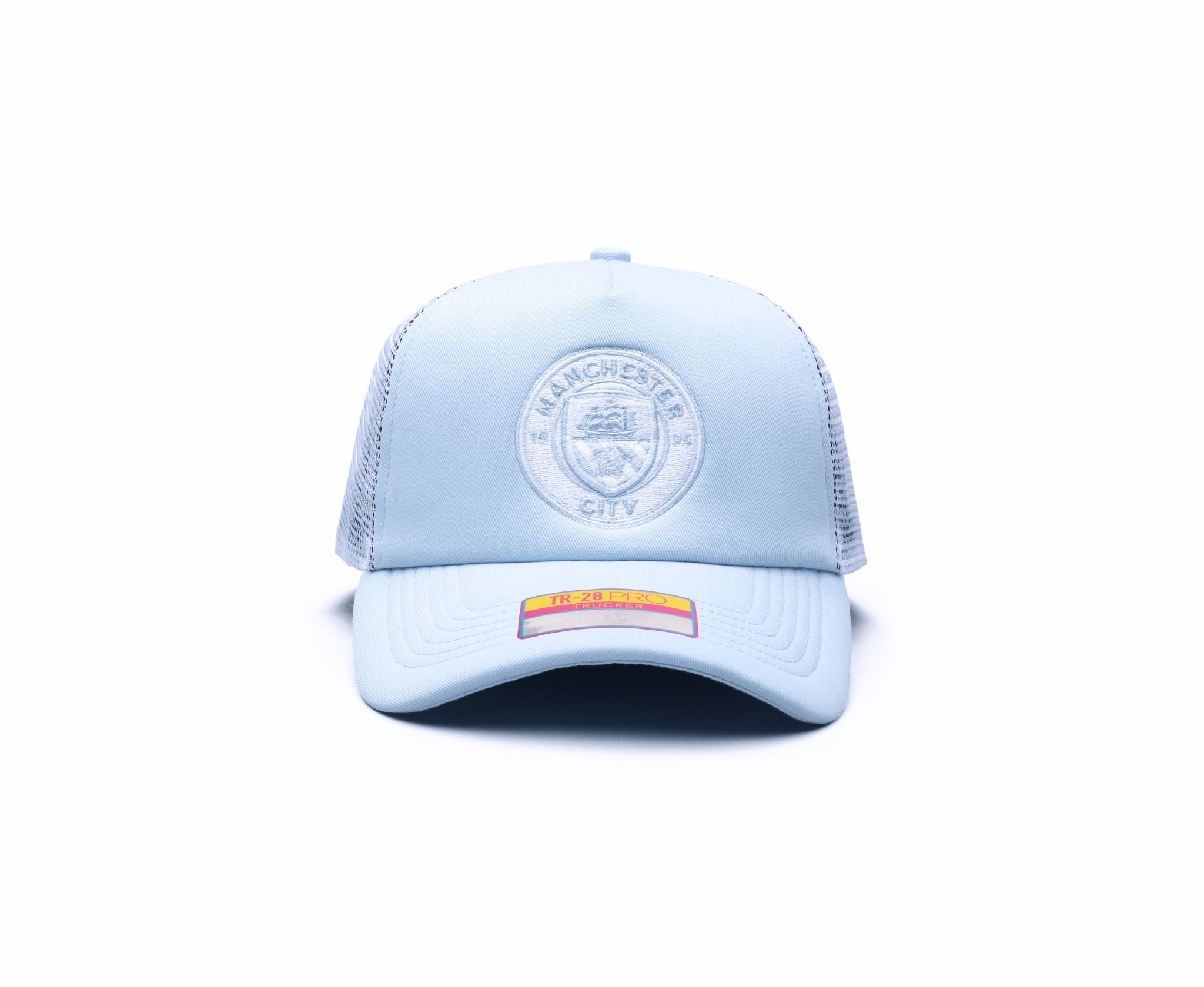 Manchester City Fog Trucker hat with high, constructed crown, curved peak, and snapback closure, in Light Blue